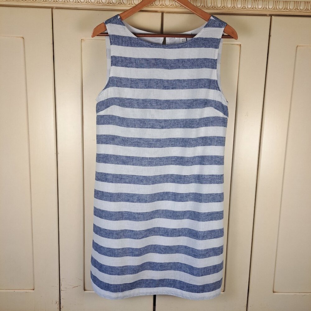 Beachlunchlounge Blue White Stripe Sleeveless Linen Knee Length Dress Sz Med